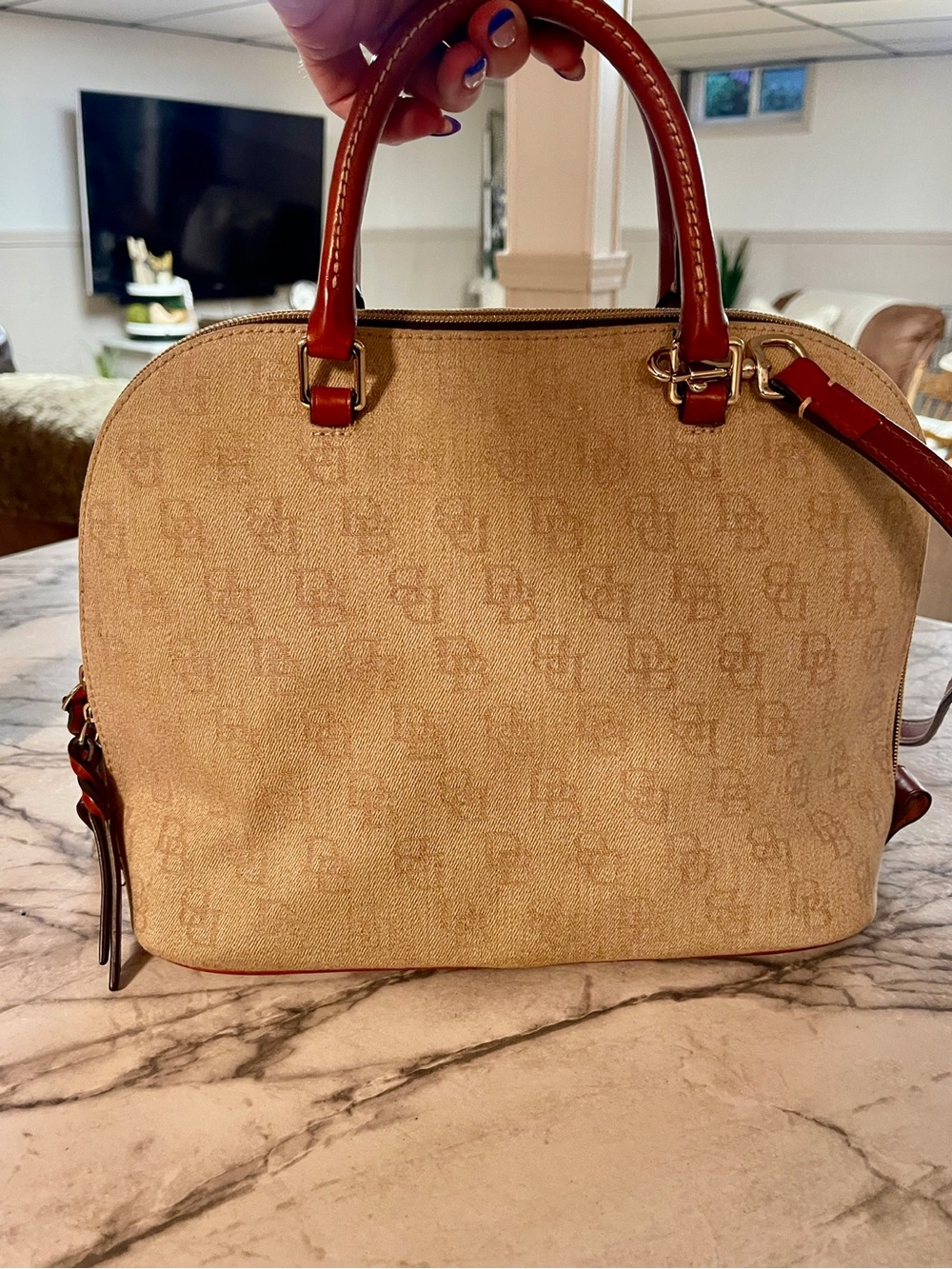 Dooney & Bourke Beige Satchel with Brown Trim and Lilac Flower Charm - Picture 6 of 15